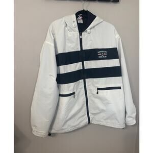 Newport, Rhode Island rain jacket, fleece lined, white w/navy horizontal stripes